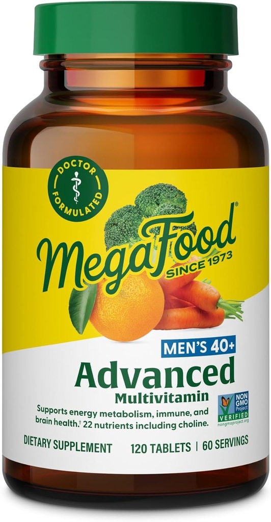 MegaFood Men's 40+ Advanced Multivitamin for Men - Dr-Formulated - Choline, Vitamina B, Vitamina C, Vitamina D, Zinc & Real Food - Brain Health, Immune Support - Vegetarian - 120 Tabs (60 Servings)