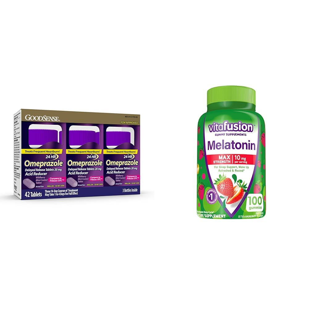 GoodSense Omeprazole Delayed Release Tablets 20mg Acid Reducer 14ct Pack of 3 & Vitafusion Melatonin Gummy Supplements 10mg 50 Day Supply 100 Count