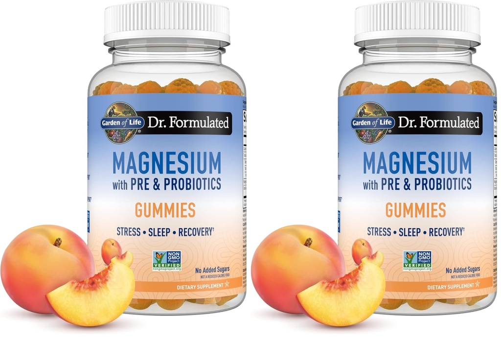 Garden of Life Magnesium Citrate Supplement Gummies with Prebiotics & Probiotics for Stress,Sleep & Recovery - Vegan,Gluten Free,Kosher,Non-GMO,No Added Sugars,Peach Flavor,60 Count (Pack of 2)