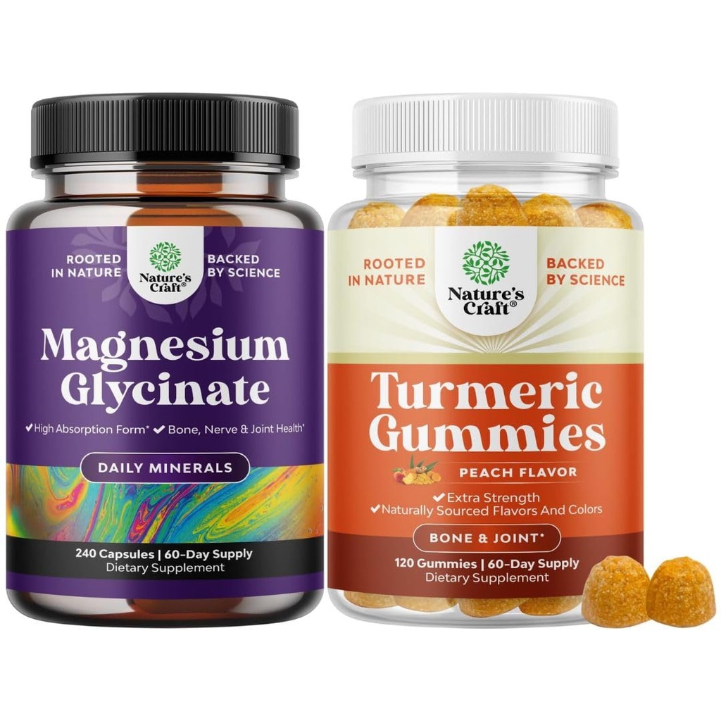 Bundle of High Absorption Magnesium Glycinate 500mg Per Serving - Calming Sleep Muscle Bone & Nerve Support and Turmeric Gummies for Joint Support with Turmeric Curcumin Black Pepper Extract & Ginger