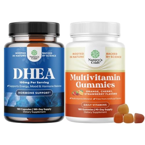 Bundle of DHEA Supplement - Dehydroepiandrosterone for Women & Men - Hormone Balance Energy Mood and Potent Daily Multivitamin Gummies with Vitamin D A C E B12 Zinc & Biotin for Energy & Immune Health