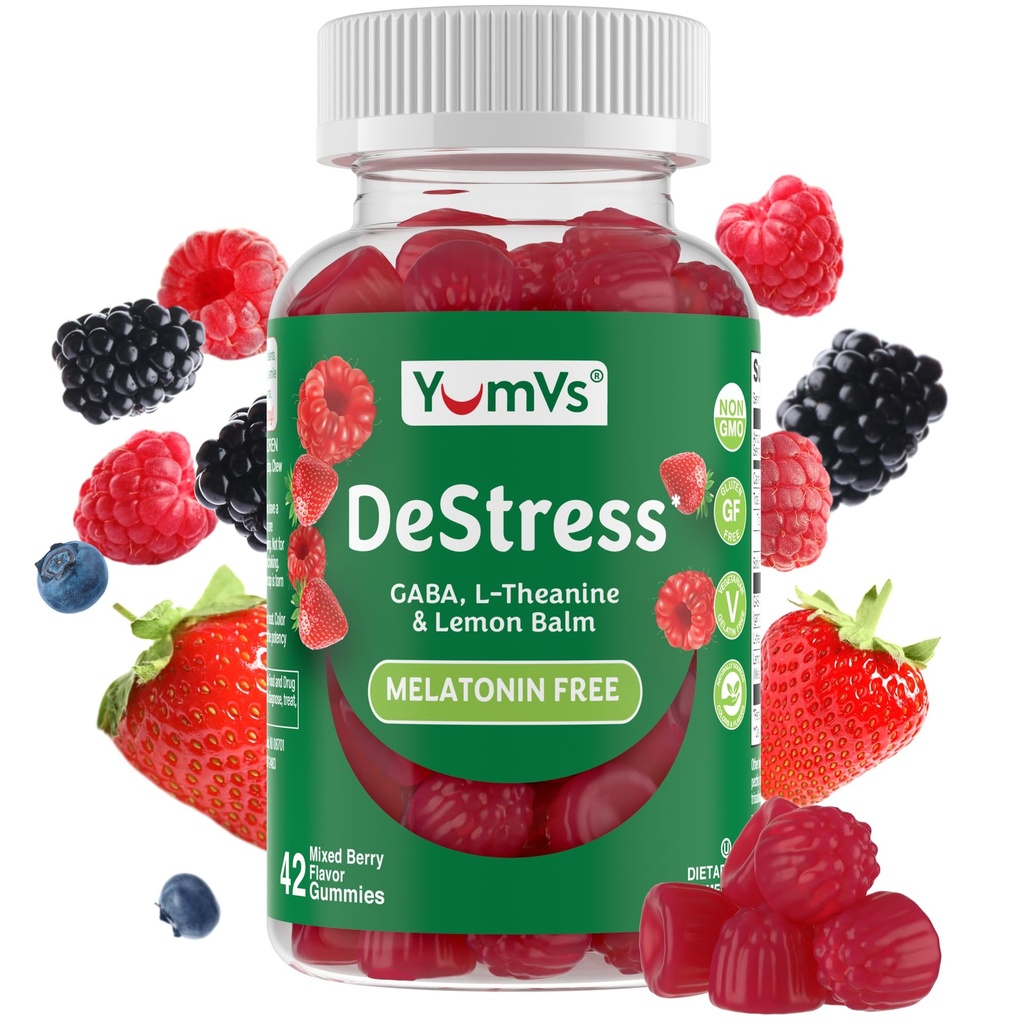 YumV's De-Stress Gummies with GABA, L-Theanine and Lemon Balm - Mixed Berry Flavor - Calming Gummies for Adults and Teens - Gluten Free Non-GMO Vegetarian Mood Support Relax Supplement (42 Count)