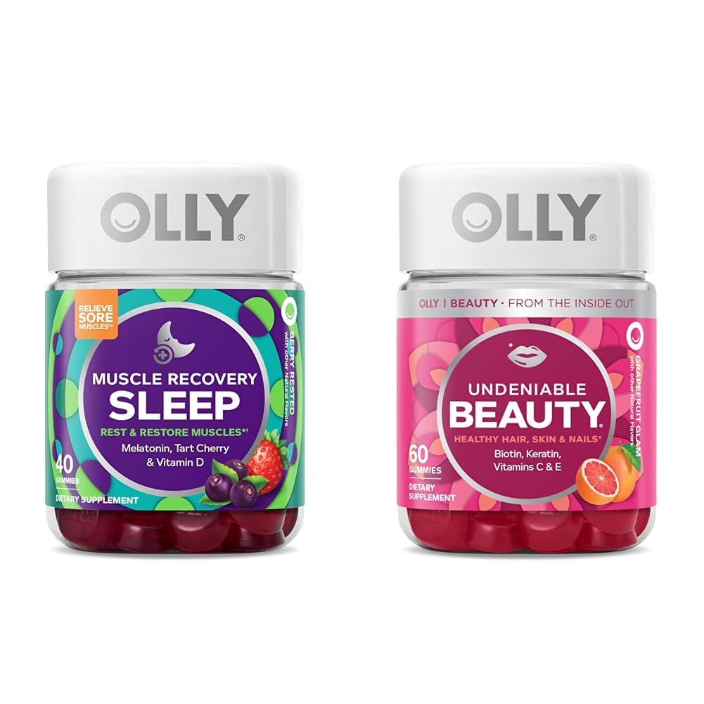 OLLY Muscle Recovery Sleep Gummies, Sleep and Sore Muscle Support, 3mg Melatonin & Undeniable Beauty Gummy, for Hair, Skin, Nails, Biotin, Vitamin C, Keratin, Chewable