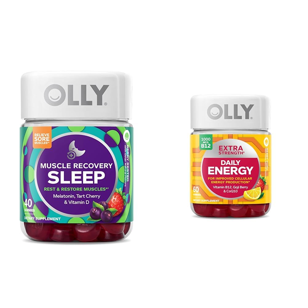 OLLY Muscle Recovery Sleep Gummies, Sleep and Sore Muscle Support, 3mg Melatonin & Extra Strength Daily Energy Gummy, Caffeine Free, 1000mcg Vitamin B12, CoQ10, Goji Berry