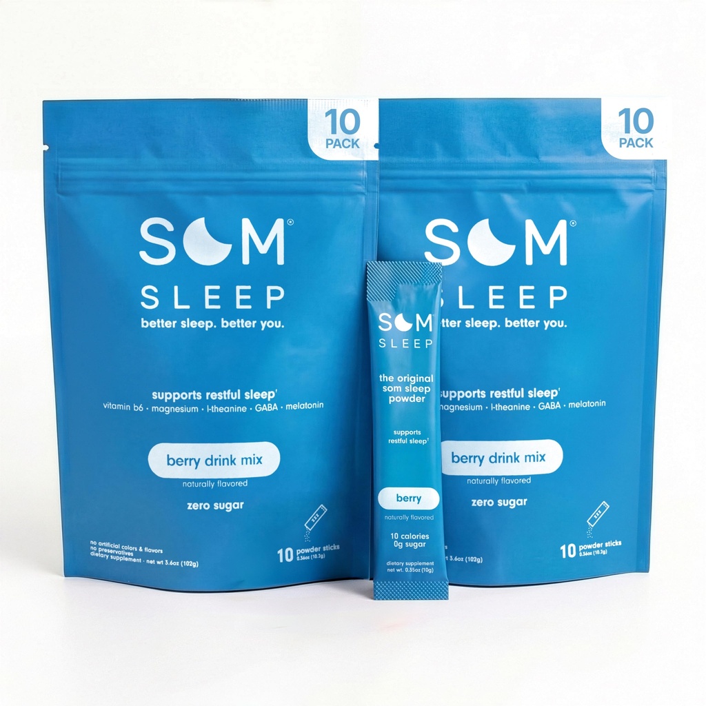 Som Sleep, Calm Sleep Nighttime Powder Drink Mix, Melatonin 3mg, Magnesium, Vitamin B6, L-Theanine & GABA – Vegan, Zero Sugar – Berry, 20-Pack