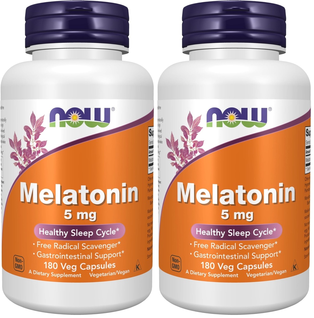 NOW Foods Supplements,Melatonin 5 mg,Free Radical Scavenger*,Healthy Sleep Cycle*,180 Count (Pack of 2)