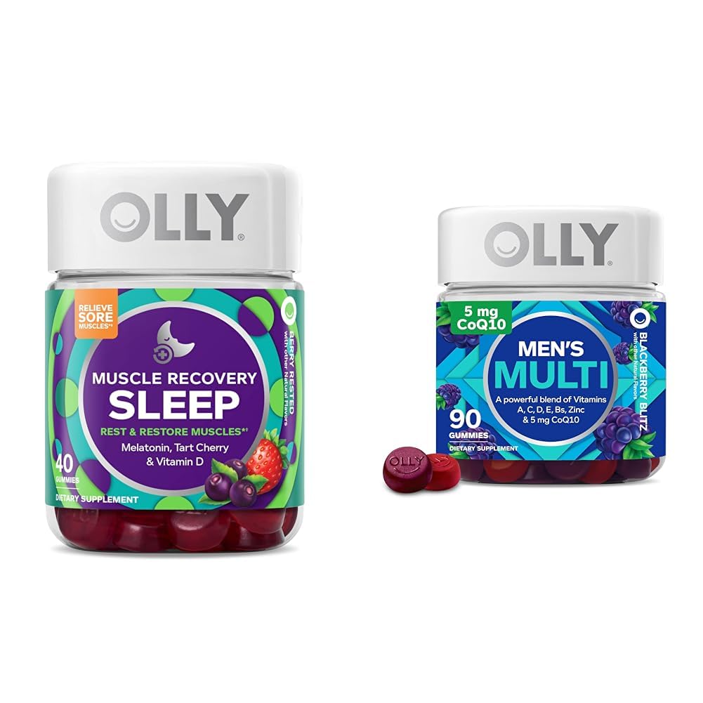 OLLY Muscle Recovery Sleep Gummies, Sleep and Sore Muscle Support, 3mg Melatonin, Tart Cherry & Men's Multivitamin Gummy, Overall Health and Immune Support, Vitamins A, C, D, E, B, Lycopene