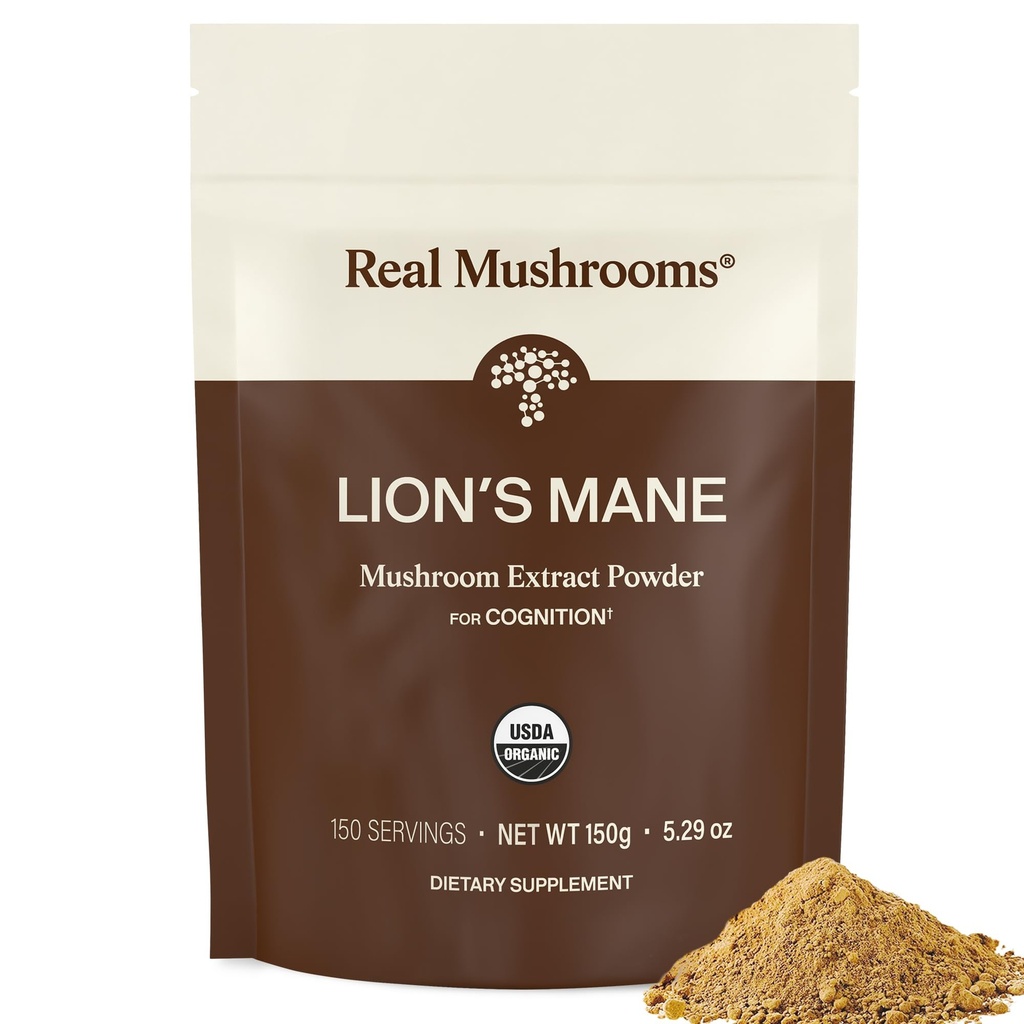 Real Mushrooms Lion’s Mane Supplement Powder - Organic Lions Mane Extract - Functional Mushrooms with Verified Beta Glucans – Functional Blend – Non-GMO, Vegan with 150 Servings