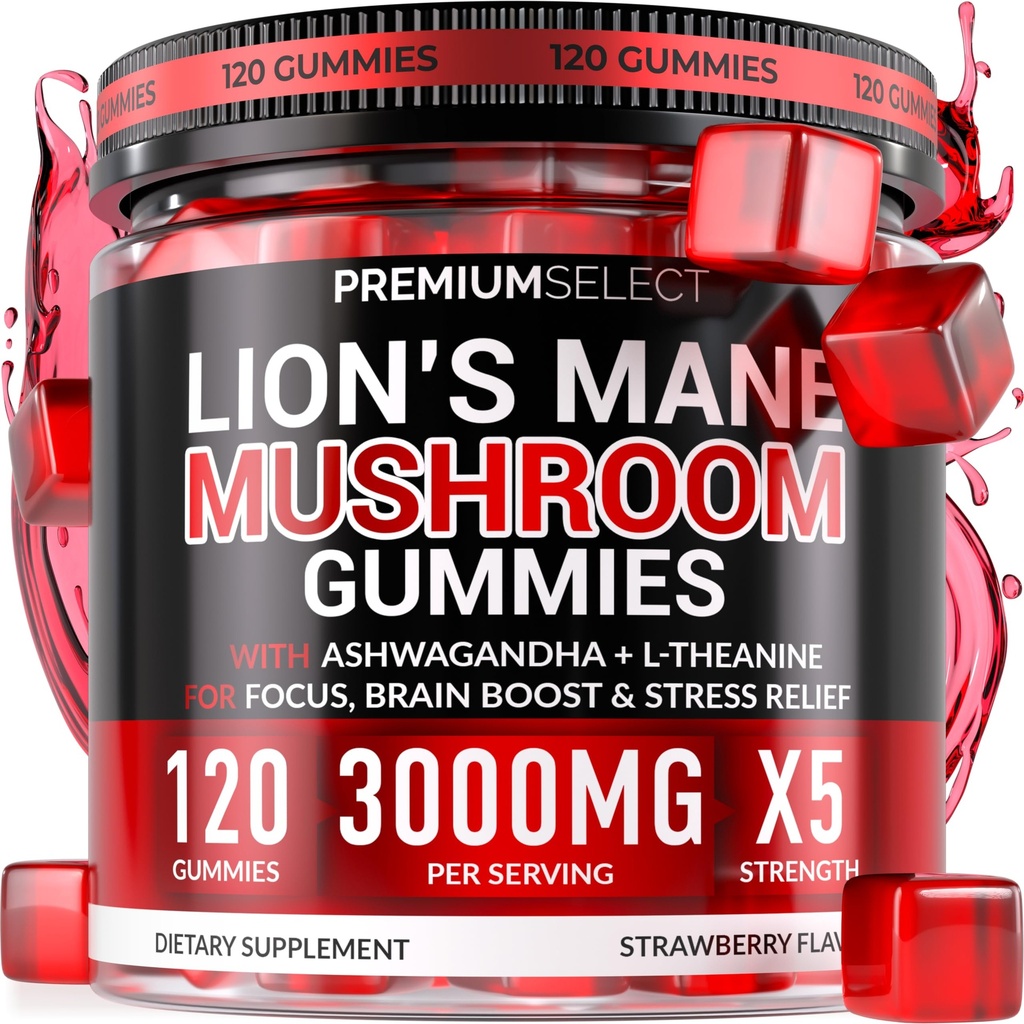 Lions Mane Gummies Sugar Free – 120 Gummies for Clarity & Brain Nutrition Support - Lion's Mane Mushroom 3000mg with Ashwagandha & L-Theanine – Brain & Mood Supplement – Focus, Memory, Calm