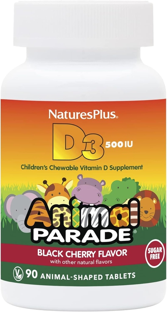 Natures Plus Animal Parade Vitamina D3-500 IU para niños sin azúcar - Black Cherry Flavor - 90 Chewable Animal Shaped Tablets - Bone Health & Immune System Support - 90 Servings