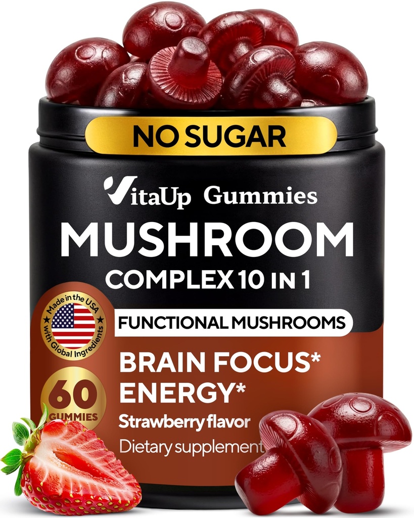 VitaUp Mushroom Supplement - USA Made Mushroom Gummies - Mushroom Complex with Lions Mane, Cordyceps, Turkey Tail, Reishi, Shiitake for Cognitive & Immune Support - 60 Count