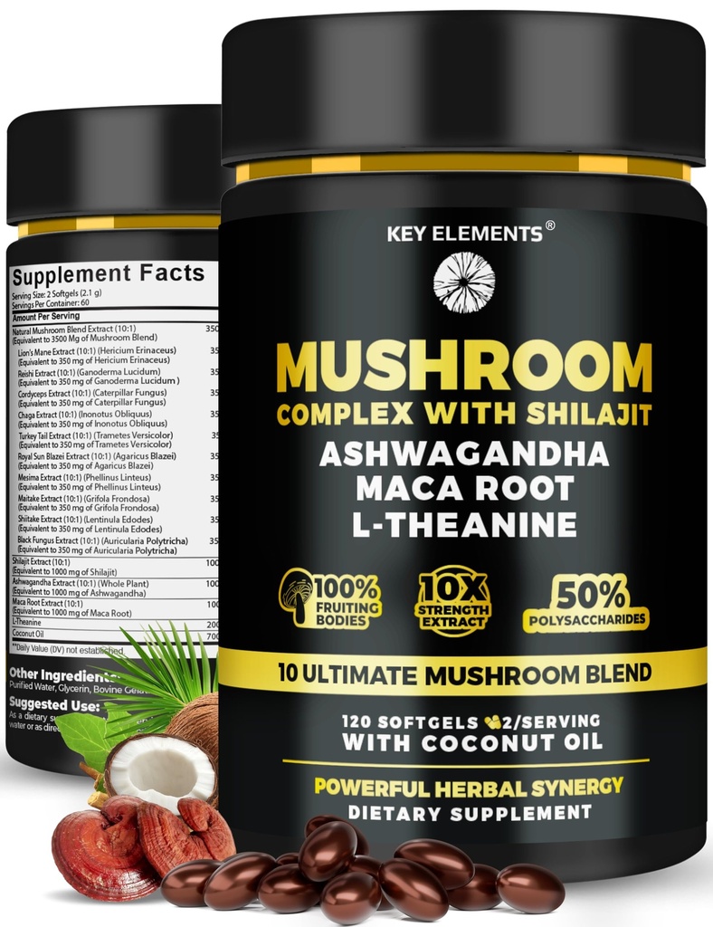Organic Mushroom Complex with Shilajit & Coconut Oil - Lions Mane Mushroom Supplement with Ashwagandha and L-Theanine - Mushroom Nootropic for Memory, Focus & Immune Mushroom Capsules Softgels
