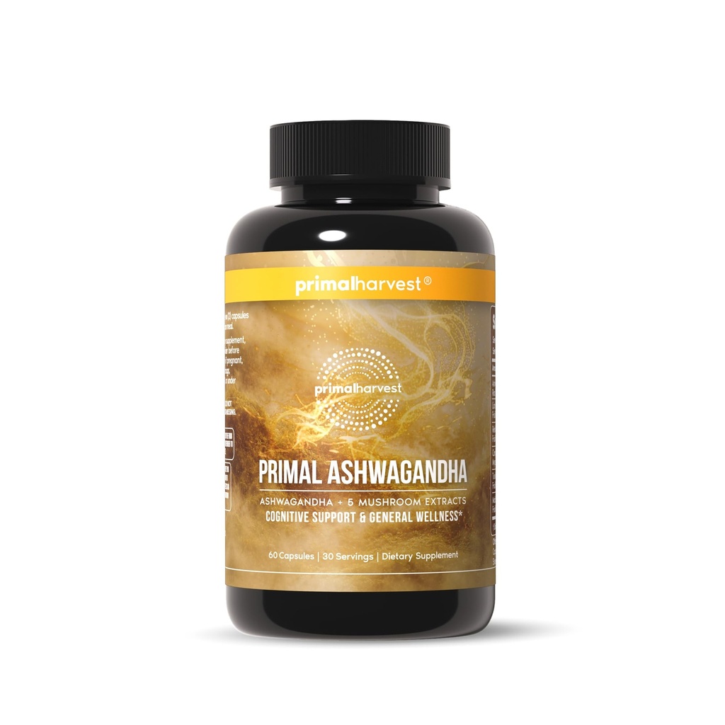 Primal Harvest Ashwagandha Supplement with 5 Mushroom Extracts: Lion’s Mane, Reishi, Cordyceps, Turkey Tail & Maitake for Immune Support & Cognitive Health