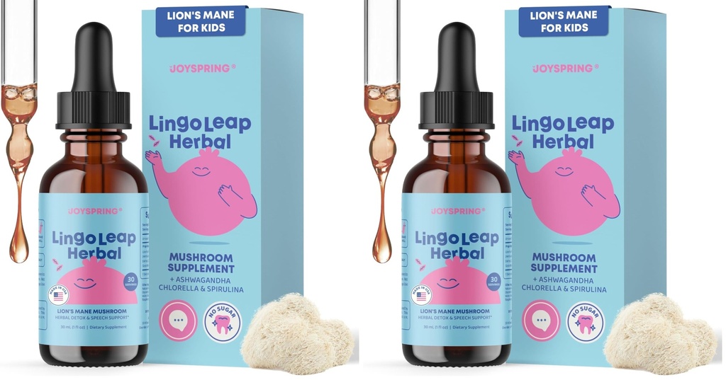JoySpring Lions Mane for Kids Liquid Drops | LingoLeap Kids Cognitive & Brain Support Herbal Supplement | Lion’s Mane Mushroom with Gotu Kola & Ashwagandha |Raspberry Flavor| 30 Servings (Pack of 2)