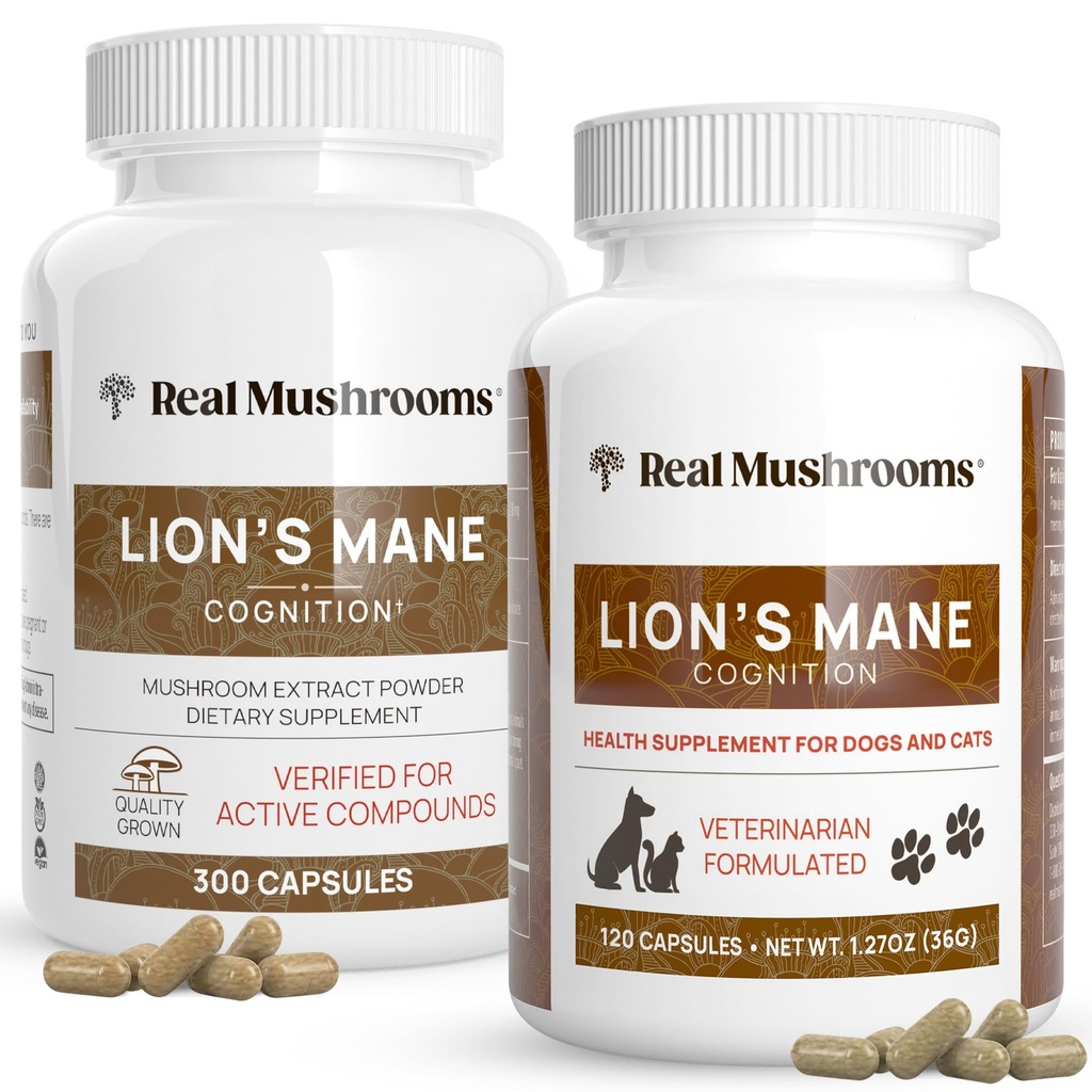 Real Mushrooms Lions Mane for Humans (300ct) and Pets (120ct) - Bundle for Cognition & Immunity - Vegan, Non-GMO, Gluten-Free, Grain-Free Mushroom Extract Supplements