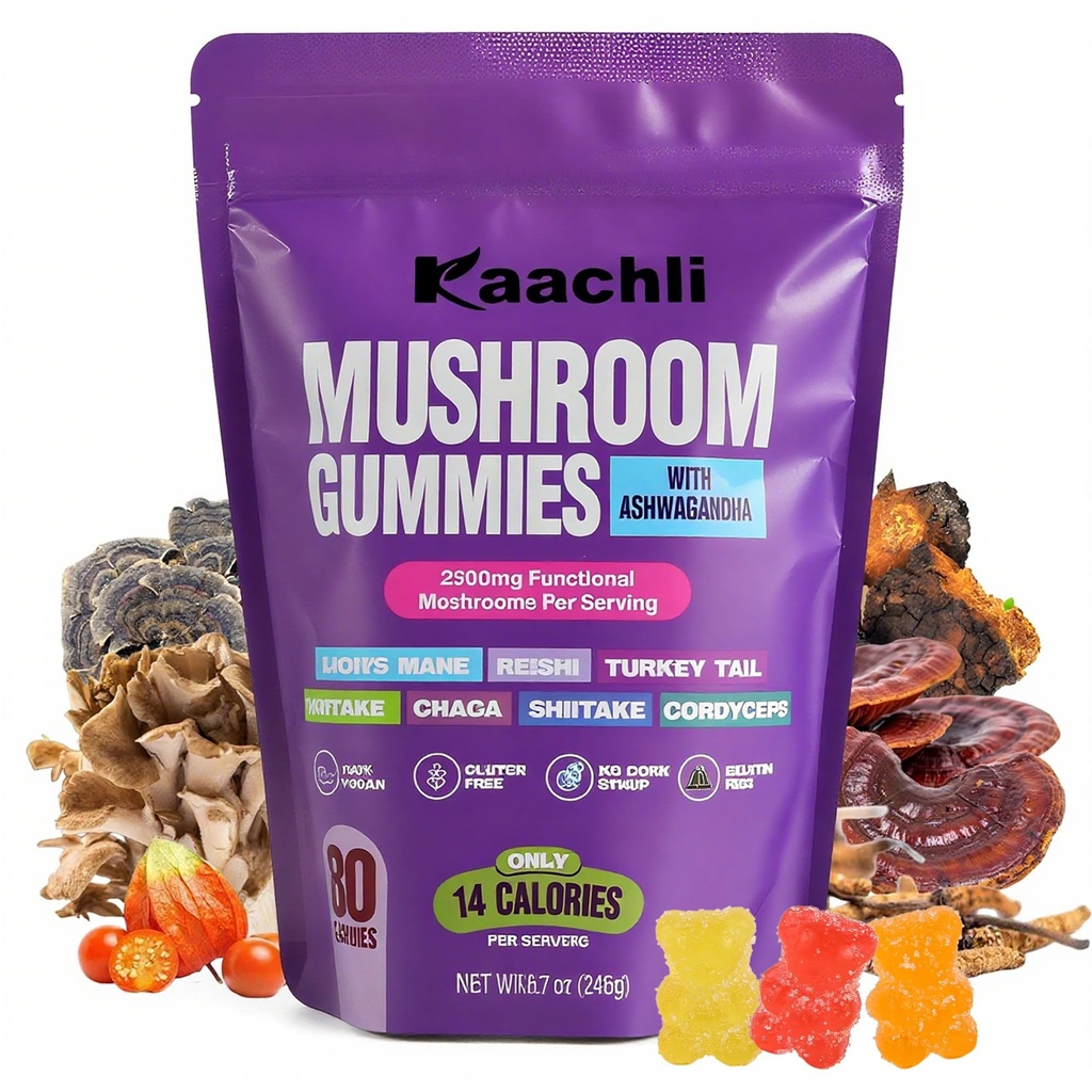 Ashwagandha and Mushroom Gummies 500mg with 8 Mushroom Blend (Reishi,Lion's Mane,Cordyceps) - Mushroom Gummies for Focus and Energy,Cognitive Boost -Mushroom Supplement for Adults,80 Count