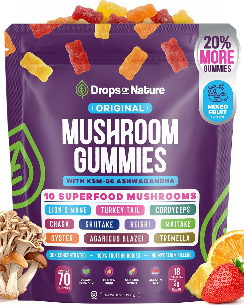 Drops Of Nature Mushroom Gummies 10-in-1 with KSM-66 Ashwagandha – Lions Mane Turkey Tail Cordyceps Shiitake Tremella Oyster Agaricus – Vegan Functional Superfood Gummies (Mixed Fruits, 70 Gummies)