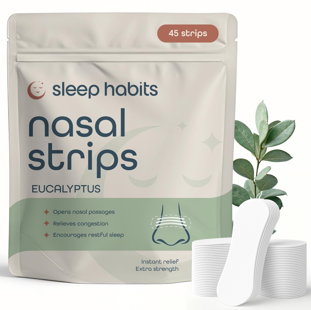 SleepHabits 45PC Breathing Strips, Non-Toxic Tested Nose Strips for Breathing & Sleep | Nasal Strips for Snoring Solution | Extra Strength for Sensitive Skin | Nasal Strips for Sleeping, Eucalyptus