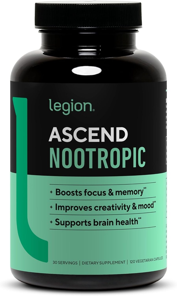 LEGION Athletics Ascend Nootropic - Suplementos cerebrales totalmente naturales para la memoria y el foco - Suplemento Nootropics Brain Support con Alpha-GPC - Suplemento cerebral para la alerta " Mood Support, 30 Servings
