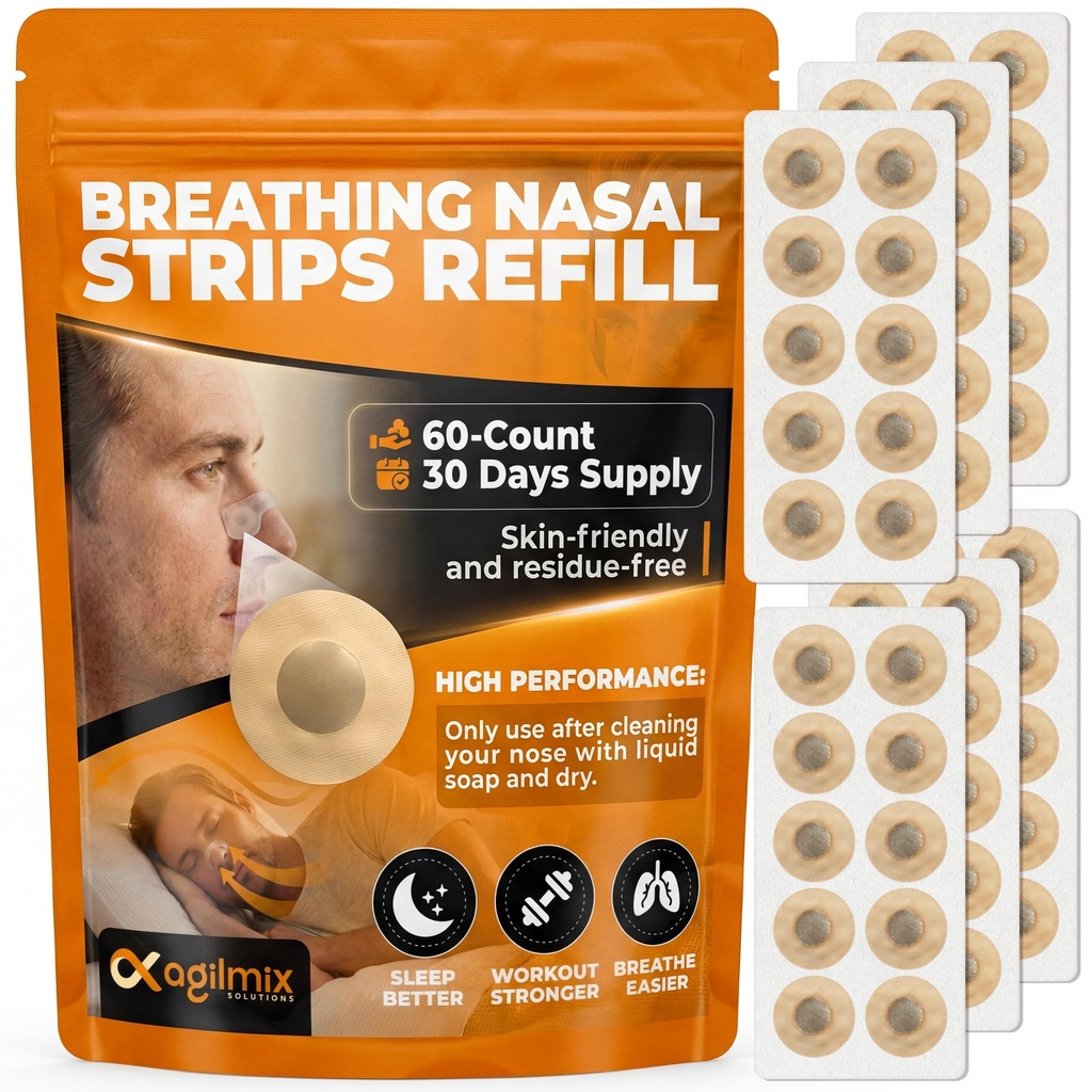 Breathing Nasal Strips Refill, 60-Count - Enhanced Breathing, Sleep Aid & Snore Reduction for 30-Day Supply, Compatible with Recharging