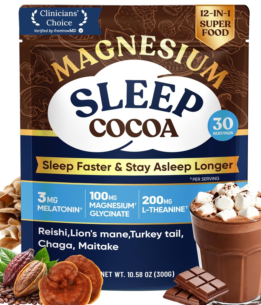 Mushroom Hot Cocoa Powder with Magnesium Glycinate, Natural Sleep Aid with Reishi & L-Theanine for Adults, 12 Superfoods, Melatonin 3mg, Unsweetened Hot Chocolate Drink Mix for Sleep, 30 Servings