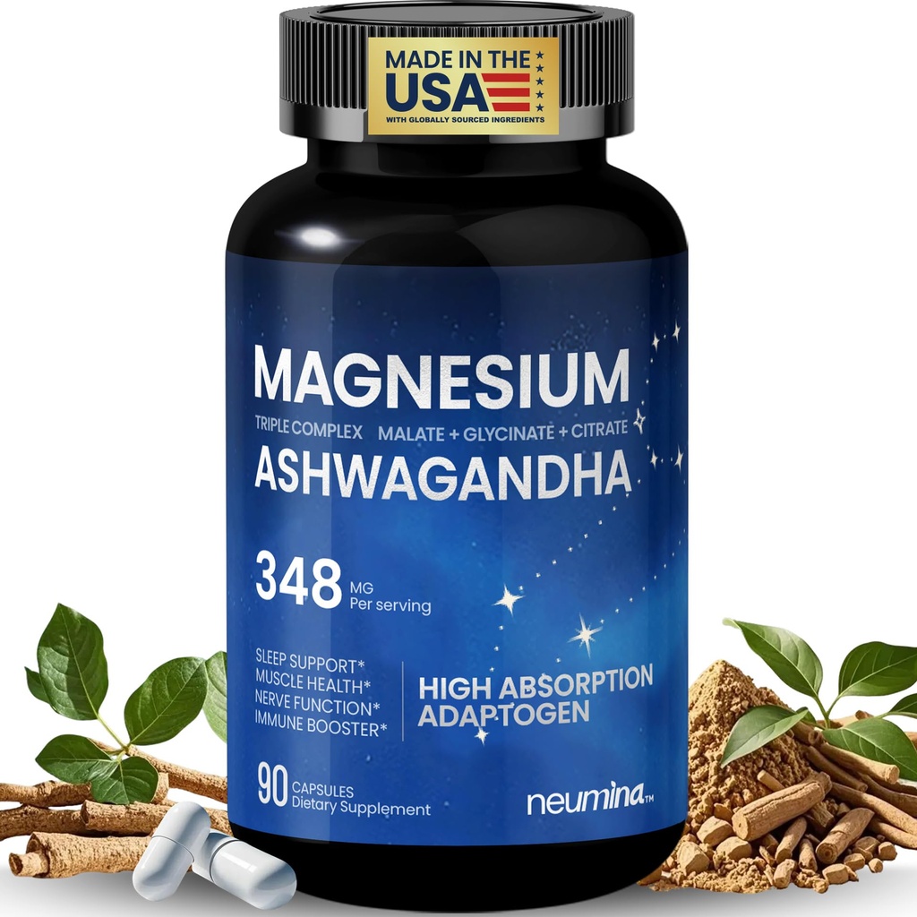 Magnesium Ashwagandha Complex | High-Absorption Multi Magnesium Supports Stress Relief, Sleep, Muscle & Heart Health | Vegan, Non-GMO, Gluten-Free, Made in USA, 90 Capsules((45-Day Supply)