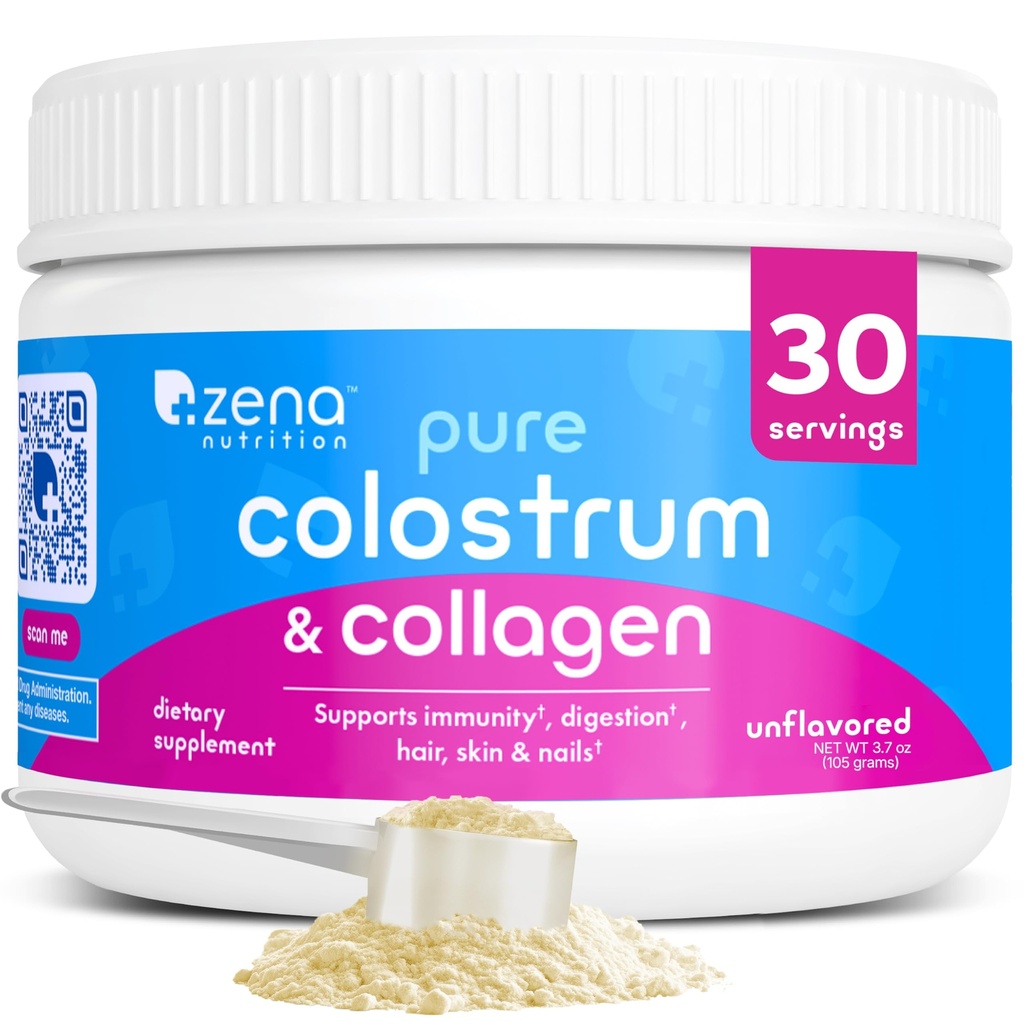 Zena Nutrition Pure Bovine Colostrum & Collagen Powder Supplement for Gut Health, Immune Support, Digestion, Hair, Skin & Nails, Unflavored, Gluten & Sugar Free, 30 Servings