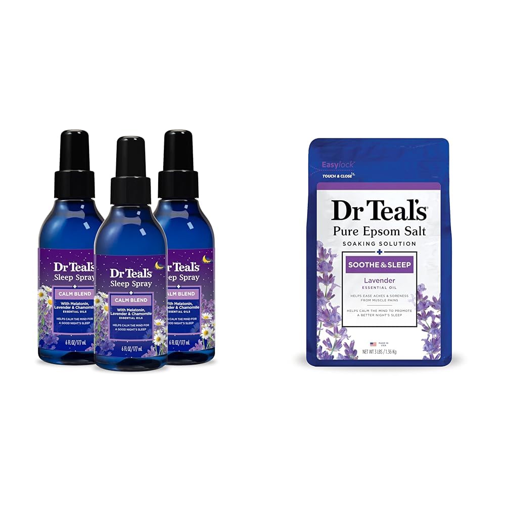 Dr Teal's Sleep Spray with Melatonin & Essential Oil Blend (Pack of 3) & Epsom Salt Soaking Solution Soothe & Sleep Lavender 3lbs