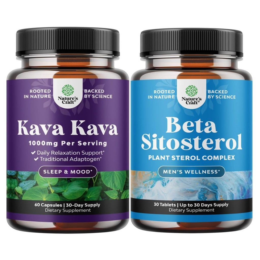 Bundle of Kava Kava Root Extract Supplement 1000mg - Fast Acting Herbal with Kavalactones for Balanced Mood and Plant Sterols Complex with Beta Sitosterol - 500mg for Heart Health & Prostate Support