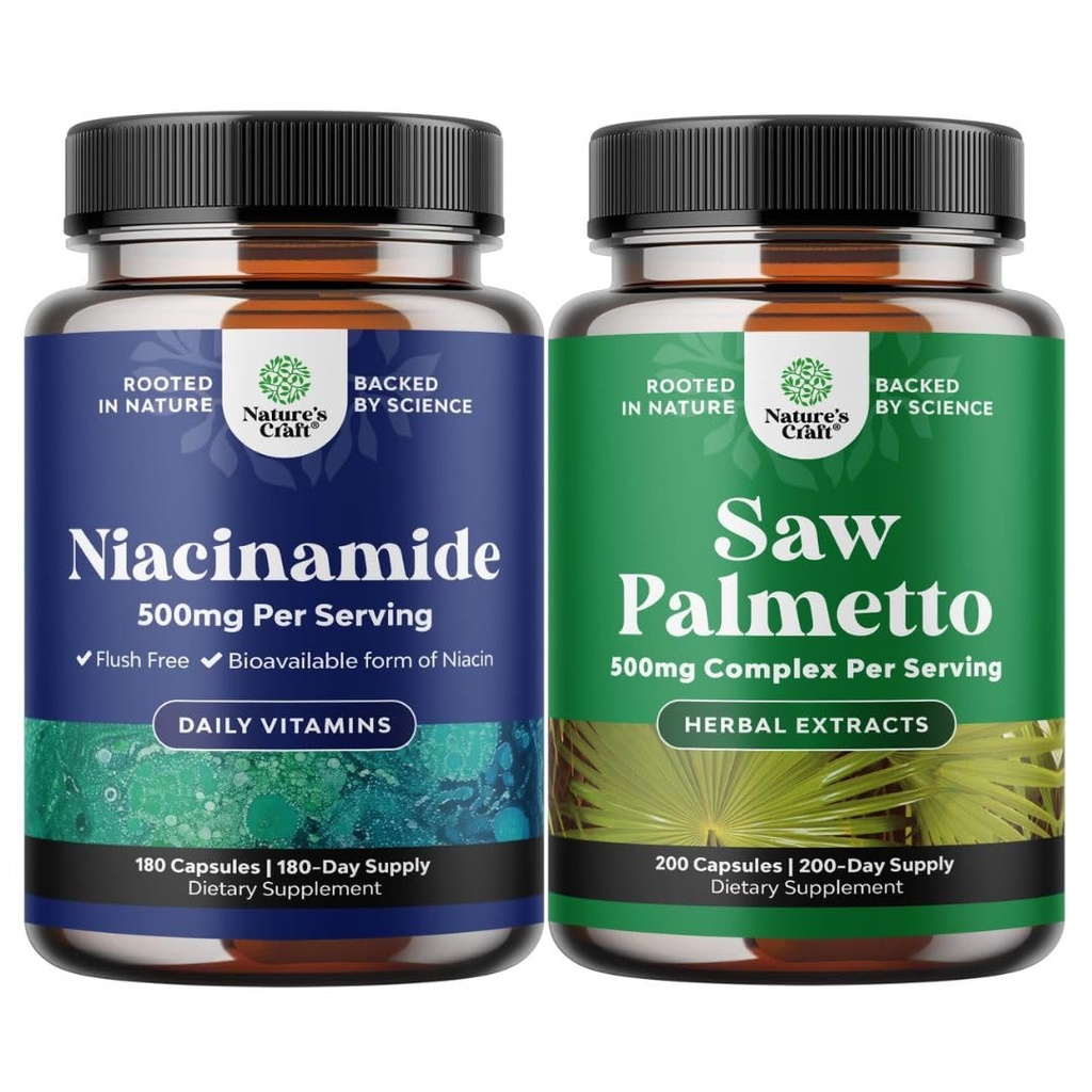 Bundle of Pure Vitamin B3 Niacinamide 500mg Capsules for Skin Health Detox & NAD Production Support and Saw Palmetto for Men with Beta Sitosterol - Saw Palmetto for Bladder Control & Prostate Support