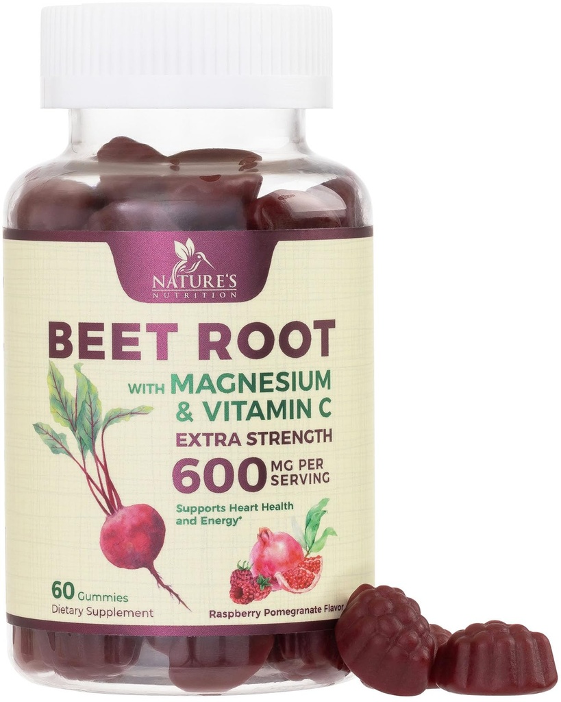 Beet Root Supplement Gummies - 500mg Por Serving with Beetroot Extract Powder Vitamin C & Magnesium - Supports Energy Heart Health & Nitric Oxide Production - Red Beets Supplements Gummy - 60 Gummies