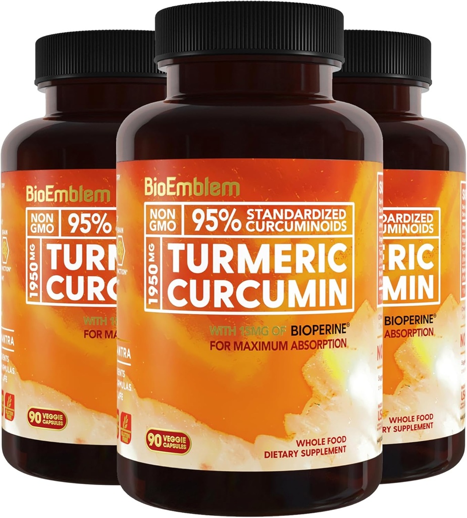 BioEmblem Turmeric Curcumin Suplemento con BioPerine ← Soporte Conjunto " Salud del Corazón Silencioso con Pólvora Turmerica Orgánica " 95% Curcuminoides Extracto Ø California Made, Non-GMO, 90-Day Supply