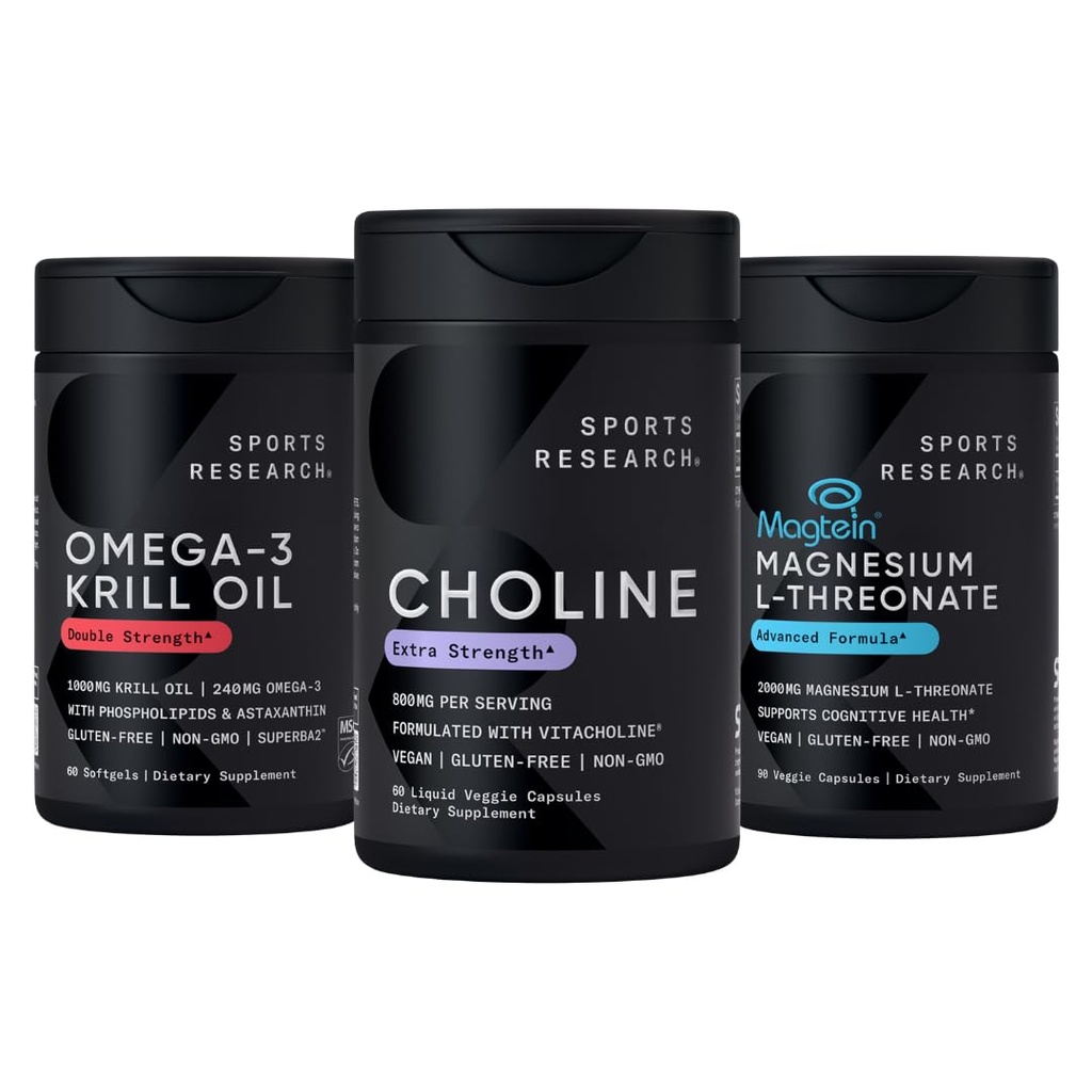 Sports Research® Brain Support Pack - Extra Strength Choline 800 mg + Krill Oil Omega 3 1000mg + High-Absorption Magtein® 2000mg