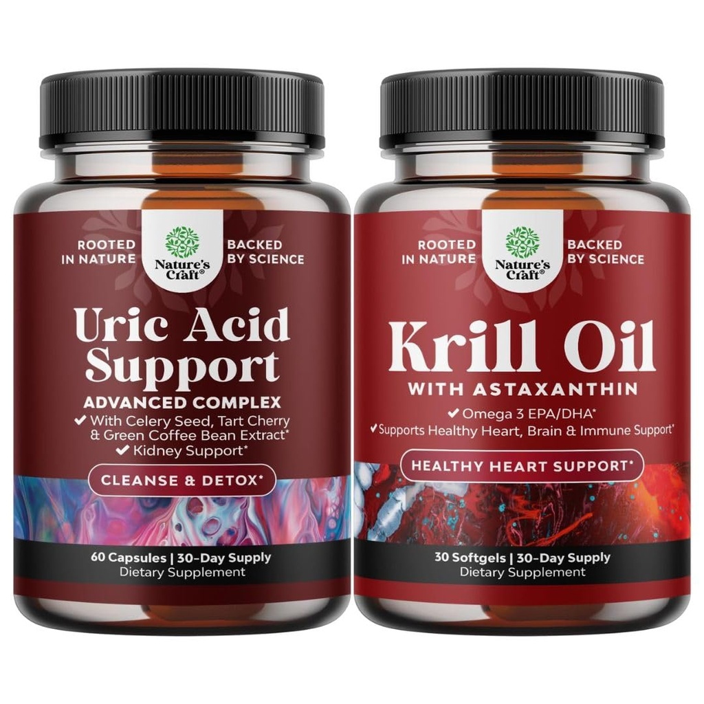 Bundle of Herbal Uric Acid Cleanse and Detox and Antarctic Krill Oil Softgels - Essential Daily Kidney Cleanse and Uric Acid Support - High Absorption Krill Oil Omega 3 Fatty Acid Supplement