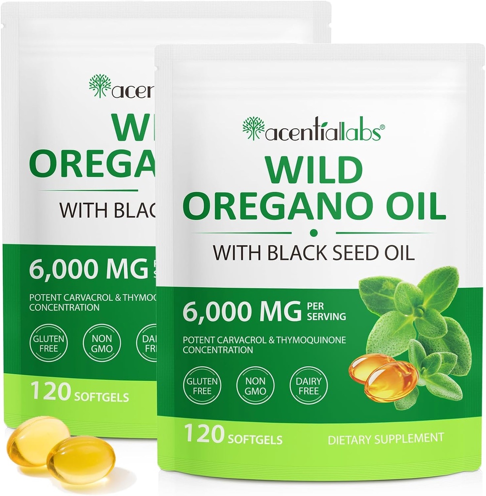 Aceite de Oregano Softgels 6000mg, 2 en 1 Formulado con Aceite de Semilla Negra 200mg, Immune Support, Oregano Oil Capsules Orgánico, Suplemento de Defensa Natural, No GMO, Fácil de Tragar, 240 Softgels