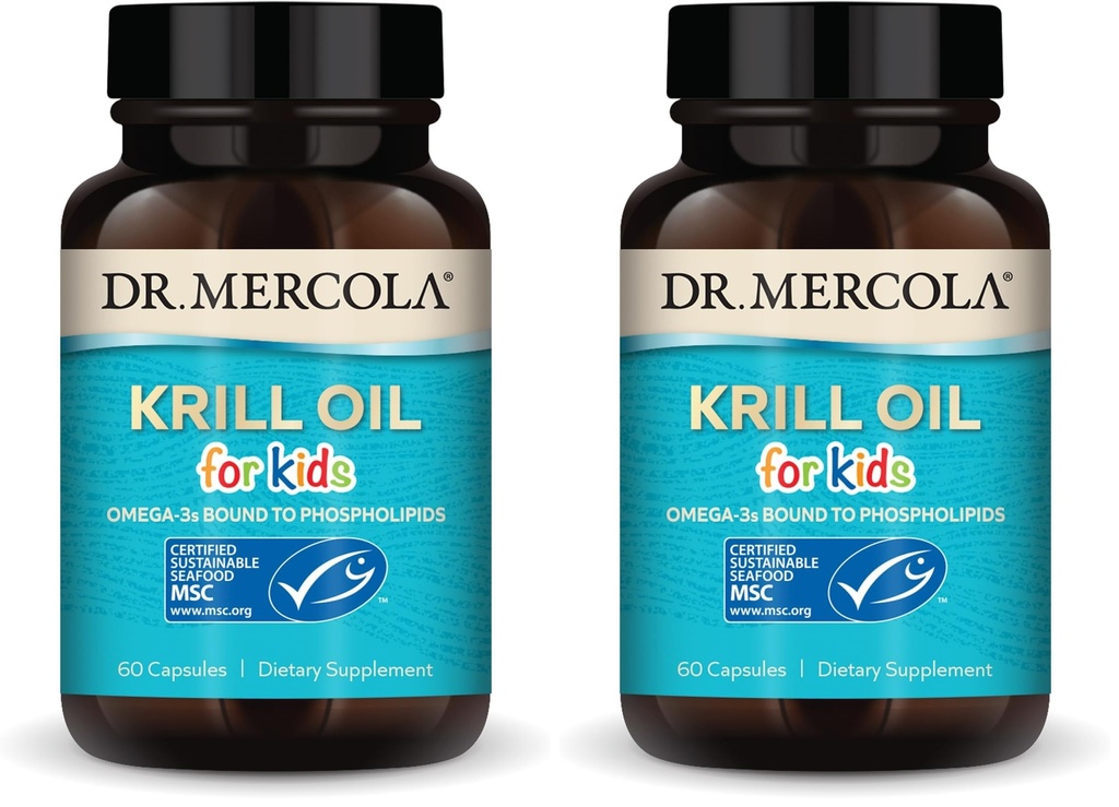 Dr. Mercola Krill Oil for Kids - 320 mg Krill Oil - MSC Certified - Supports Brain & Body Development - Phospholipid Form for Absorption - Non-GMO, Gluten-Free & Soy-Free - 60 Capsules (Pack of 2)
