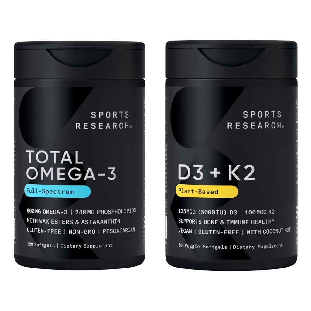 Sports Research® 2-in-1 Pack - Total Omega-3 Fish Oil 2200mg - 960mg of EPA & DHA, and Vitamin D3 5000iu + K2 100mcg