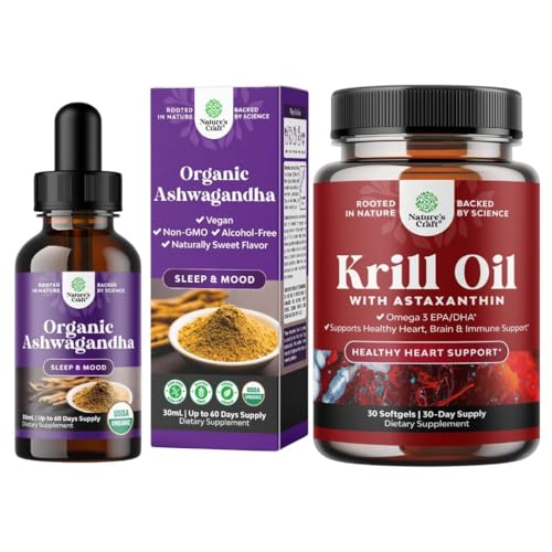 Bundle of USDA Organic Ashwagandha Liquid Drops - Ashwagandha Root Extract for Stress & Mood Support and Krill Omega 3 Fish Oil Softgels 500mg - Krill EPA & DHA for Heart Health - Burpless Fatty Acids