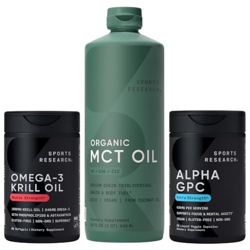 Sports Research® Brain Fuel Pack - Extra Strength Alpha GPC 630mg + Omega-3 Krill Oil 1000mg + Organic MCT Oil (C8, C10, C12)