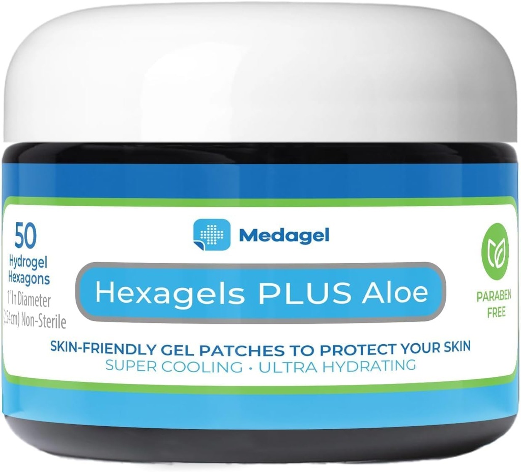 Hexagels Plus Aloe Vera - Avanzado Healing Hydrogel Pads for Blister Prevention & Soothing Burn Care - Foot, Heel, Toe, &amp; Ankle Protection, Pack of 50, 1-Inch Patches, por Medagel, Paraben Free Formula