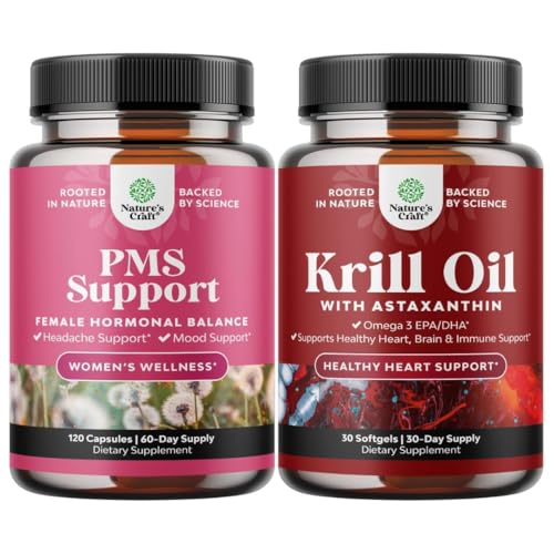 Bundle of PMS Support Supplement for Women with DIM, Chasteberry, Black Cohosh & Ashwagandha and Krill Omega 3 Fish Oil Softgels 500mg - Concentrated Krill EPA & DHA - Burpless Fatty Acids Supplement