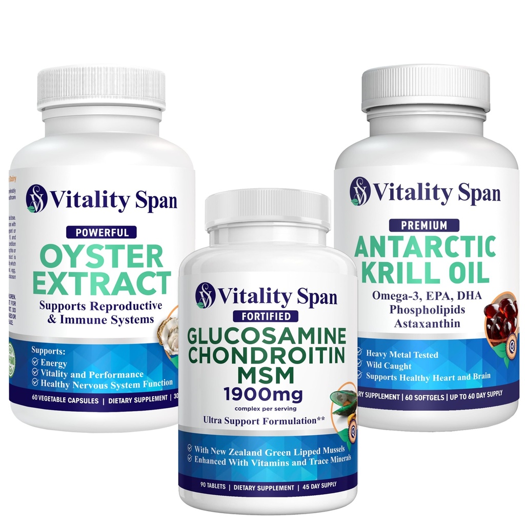 Oyster Extract, Krill Oil, Glucosamine Chondroitin MSM, Anti-Aging Vitality Bundle - Made in USA