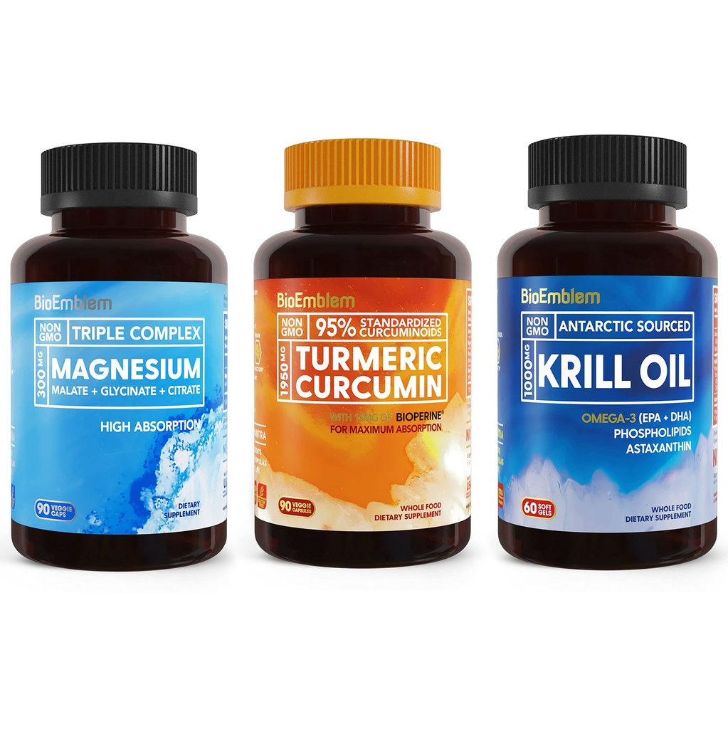 BioEmblem Triple Magnesium Complex, BioEmblem Turmeric Curcumin Supplement and BioPerine and BioEmblem Antarctic Krill Oil Supplement