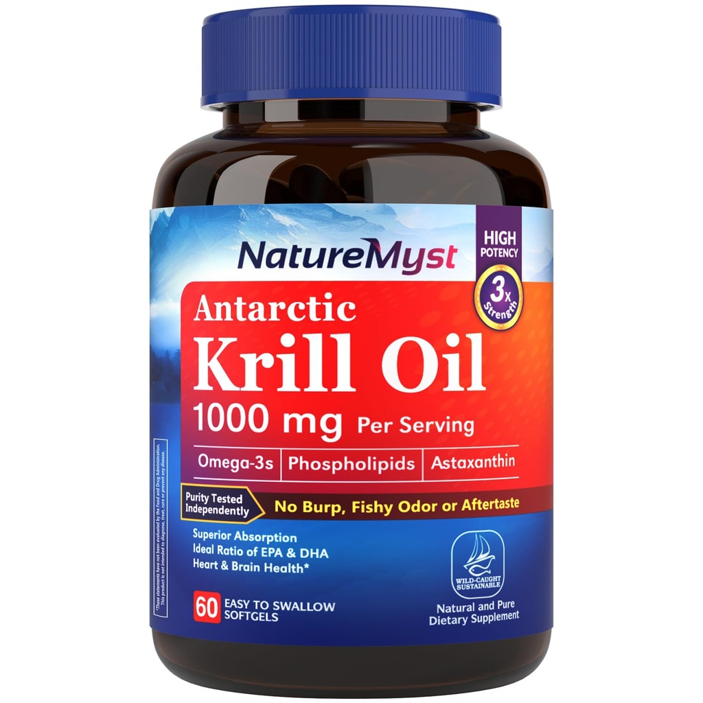 Krill Oil 1000mg, Omega 3s, DHA, EPA, Astaxanthin & Phospholipids, for Brain, Heart & Immune Health, Non-GMO, No Fishy Taste, Superior Absorption, 60 Softgels