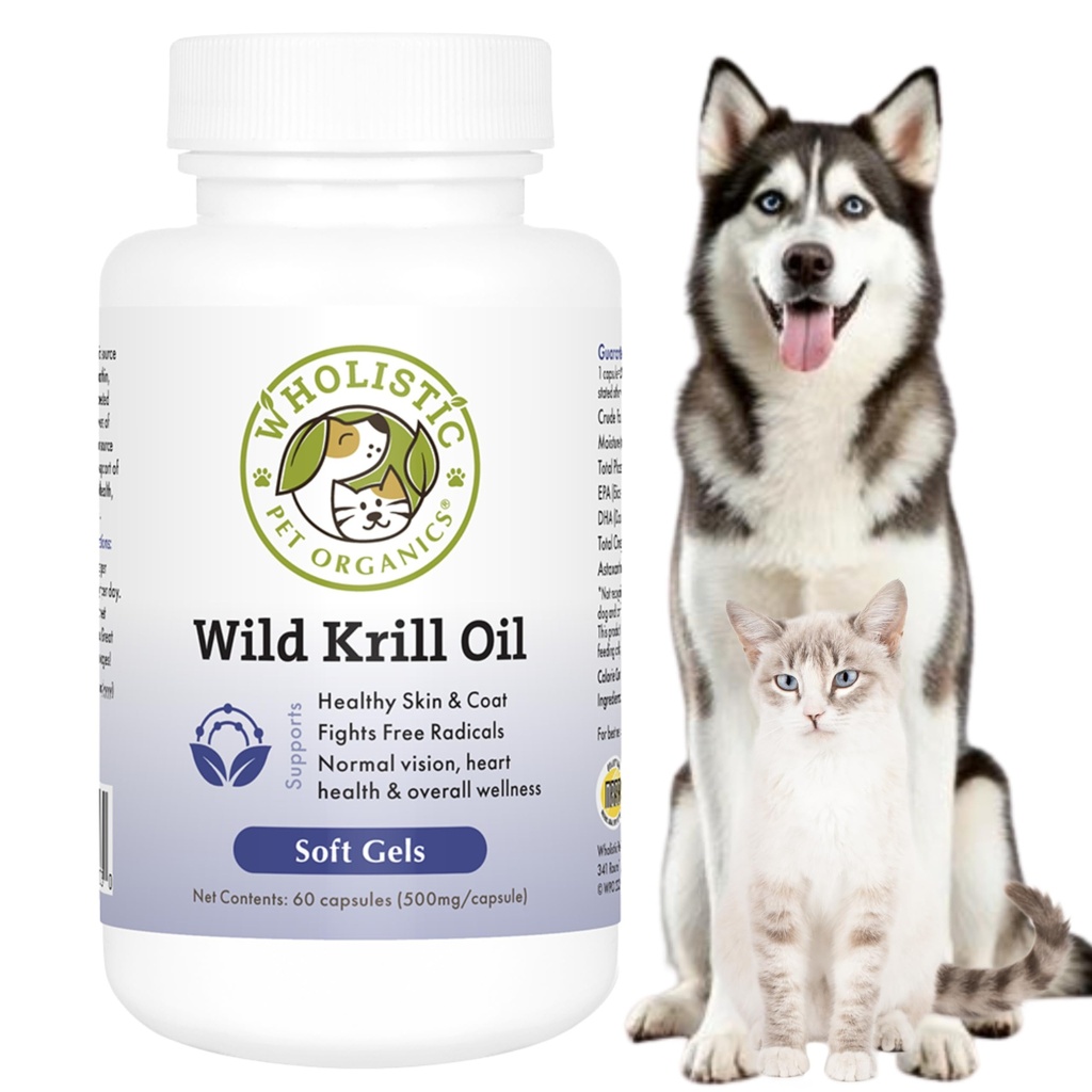 Wholistic Pet Organics Krill Oil for Dogs and Cats - Premium Antioxidant Support for Pets - Cat and Dog Skin and Coat Supplement with EPA, DHA, Astaxanthin - Omega 3 for Dogs and Cats - 60 Soft Gels