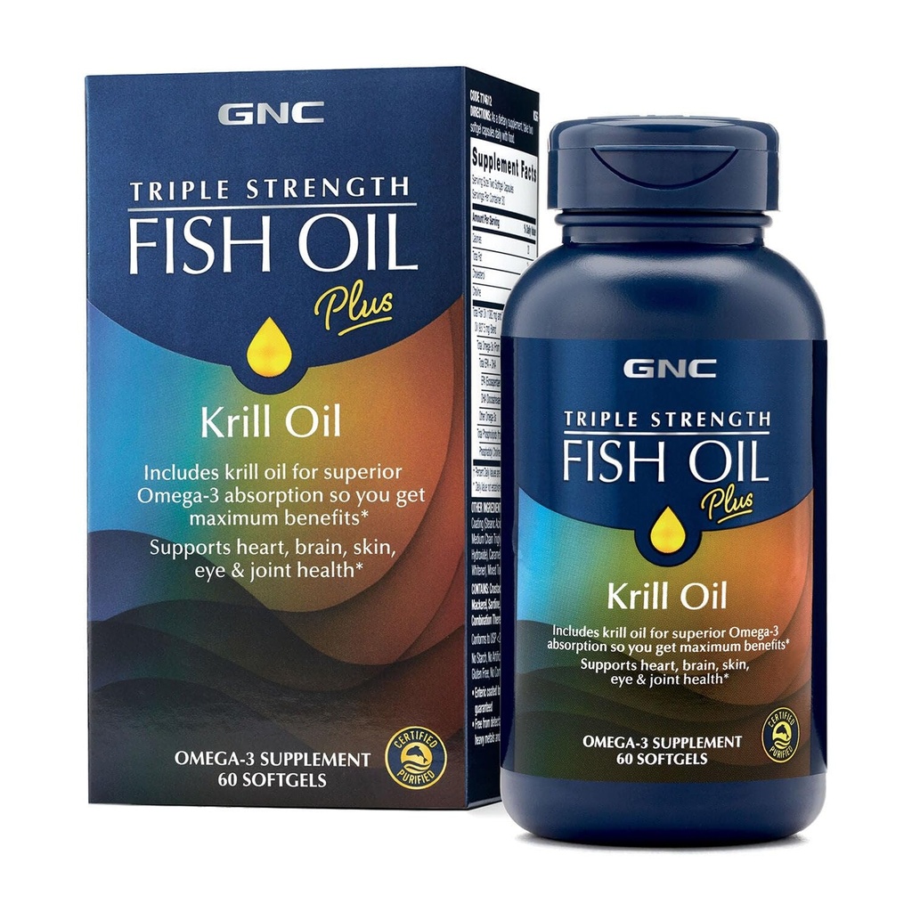 GNC Triple Strength Fish Oil Plus Krill Oil Omega 3 Supplement, 1000mg EPA and DHA, Supports Heart, Brain, Skin, Eye and Joint Health, 60 Softgels