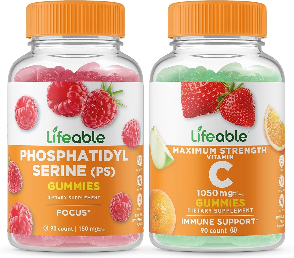 Phosphatidylserine (PS) + Vitamina C 1050mg, Gummies Bundle - Gran Tasting, Suplemento de vitamina, Gluten Gratis, GMO Gratis, Chewable Gummy