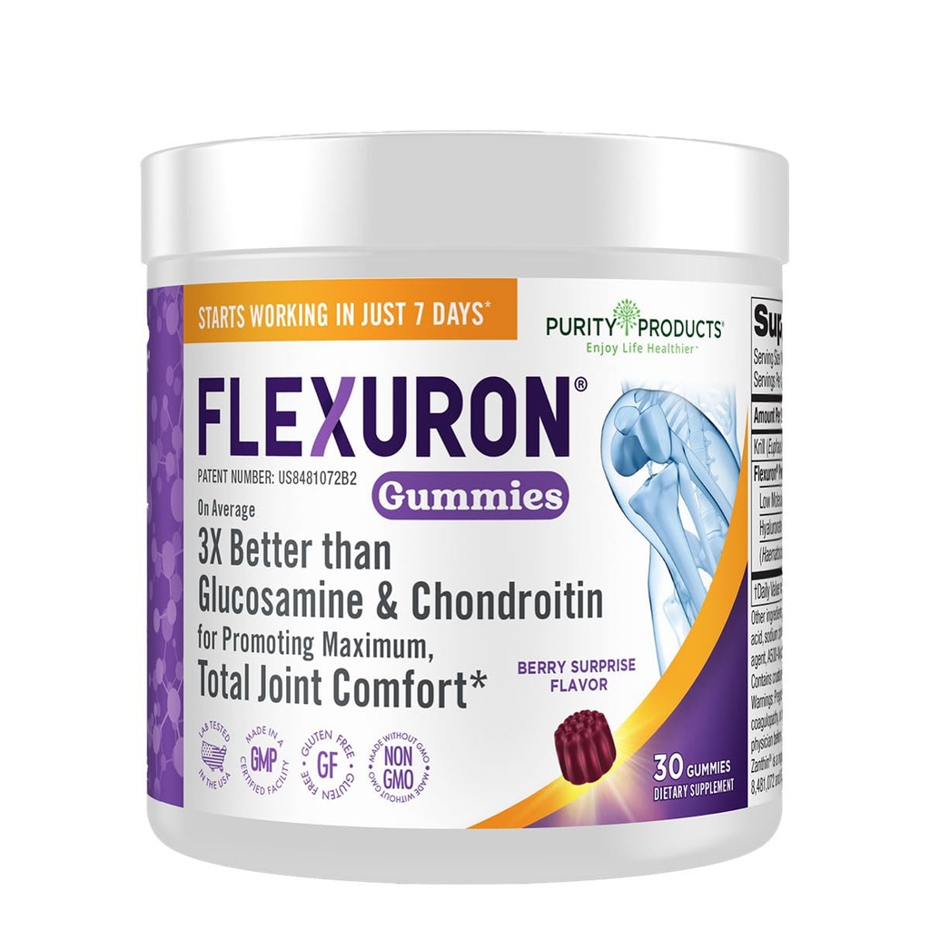 Purity Products Flexuron Gummies Joint Formula 3X Better Than Glucosamine and Chondroitin - Starts Working in just 7 Days - Krill Oil, Low Molecular Weight Hyaluronic Acid, Astaxanthin - 30 Ct (1)