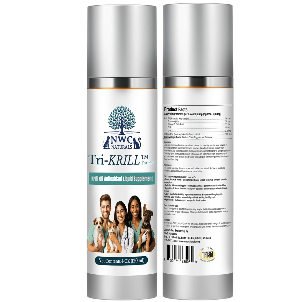 NWC Naturals Tri-Krill Oil Supplement for Dogs and Cats, Supports Joint, Brain, Reduces Scratching and Shedding, Air-Free Pump, Pure Antarctic Krill with Astaxanthin, Omega-3, DHA, EPA - 4 oz