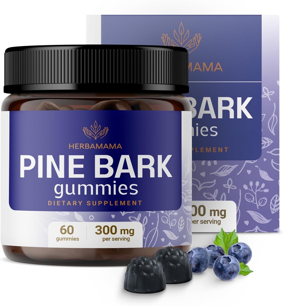 HERBAMAMA Pine Bark Extract Gummies - 300mg Francés Marítimo Pine Bark Tree for Antioxidant Support - Vegan, Non-GMO Pinus Pinaster Suplemento - 60 Pectin-Based Blueberry-Flavored Chews